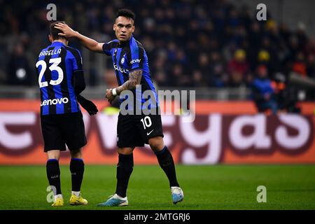 Milan, Italy. 31 January 2023. Lautaro Martinez of FC Internazionale and Nicolo Barella of FC Internazionale are seen during the Coppa Italia football match between FC Internazionale and Atalanta BC. Credit: Nicolò Campo/Alamy Live News Stock Photo