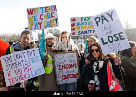 City of Brighton & Hove, East Sussex, UK. The national day of action by the NEU teachers union and other public service unions strike, gathering and march in the City of Brighton & Hove. The march commencing at 11am from The Level, Brighton and proceeding through Brighton city centre to the seafront. Many of the unions were accompanied by parents and other members of the public in a massive demonstration. 1st February 2023. David Smith/Alamy News Stock Photo