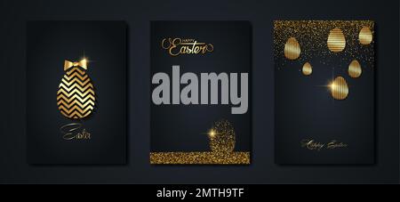 set card Happy Easter gold texture, golden luxury black modern background. Easter holiday invitations templates collection with hand drawn lettering Stock Vector