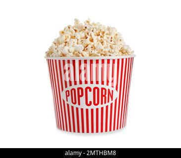 Delicious popcorn in paper bucket isolated on white Stock Photo