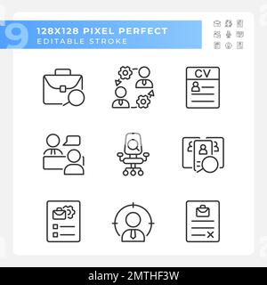Hiring process organization pixel perfect linear icons set Stock Vector