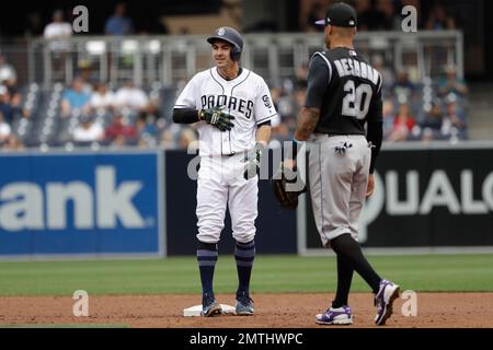 San Diego Padres' Carlos Asuaje reacts after striking out on a