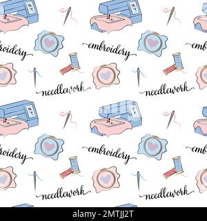 Embroidery pattern. Vector seamless background. Needlework illustrated elements. Various sewing tools on white background. Embroidey equipment, applia Stock Vector