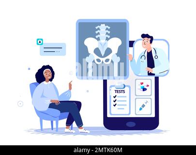 Online Traumatologist Orthopedist Doctor Consultate Patient.Pain in Hip Joint.Arthoplasty,Osteoarthritis,Hip Joint Replacement.Diagnostic Checkup Trea Stock Photo