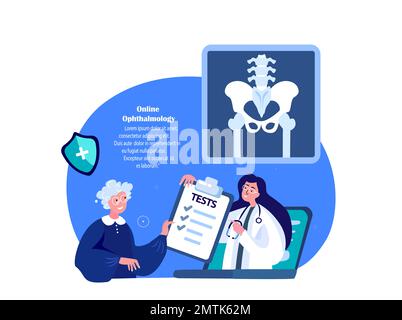 Online Traumatologist Orthopedist Doctor Consultate Old Retired Woman Patient.Pain in Hip Joint.Pensioner Arthoplasty,Osteoarthritis,Hip Joint Replace Stock Photo