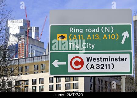 London, England, UK. Road sign near the Tower of London (Tower Hill) Westminster and Congestion Charge Stock Photo