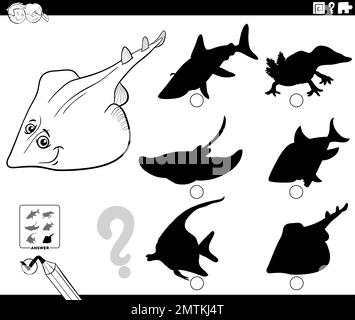 Black and white cartoon illustration of xyster or guitarfish marine ...