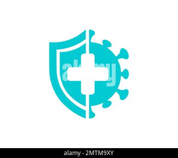 Protect from virus logo design. Immune system concept. Bacteria attack with shield. Bacterial prevention. Antibacterial protection or immune system. Stock Vector