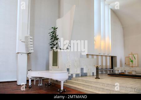 Lakeuden Risti church by Alvar Aalto, interior detail with pulpit. The interior of the church is designed entirely by Aalto. Seinajoki, Finland. Stock Photo