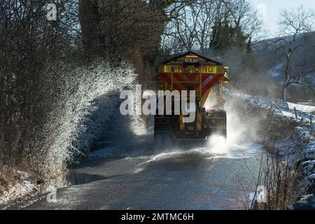 Icicles and a gritter wagon near Buckden in upper Wharfedale, The Yorkshire Dales, UK Stock Photo