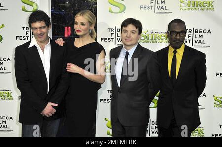 The cast of Shrek, Mike Myers, Cameron Diaz, Antonio Banderas and Eddie Murphy arrive at the opening night premiere of Shrek Forever After at the 2010 Tribeca Film Festival. New York, NY. 4/21/10. Stock Photo