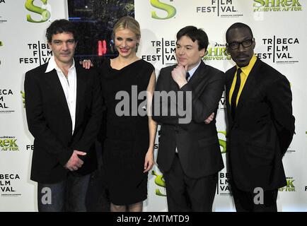 The cast of Shrek, Mike Myers, Cameron Diaz, Antonio Banderas and Eddie Murphy arrive at the opening night premiere of Shrek Forever After at the 2010 Tribeca Film Festival. New York, NY. 4/21/10.    . Stock Photo