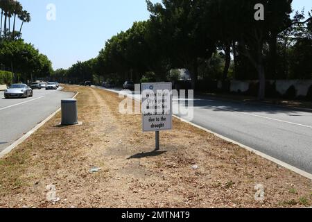 EXCLUSIVE!! - Has Simon Cowell joined the Beverly Hills elite that ignore Los Angeles’ tough water restrictions? His mansion on Beverly Hills' sought after Palm Drive is within eyesight of city grass areas where water has been cut off due to Southern California’s ongoing record-breaking five-year drought, yet his property remains lush and green. Sunset Boulevard’s yellow grass median 50ft to the right, clearly signposted with drought warnings, match Cowell’s neighbour’s dying lawns 50ft to the left of his property in Los Angeles, California. 1st August 2016. Stock Photo