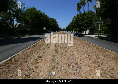 EXCLUSIVE!! - Has Simon Cowell joined the Beverly Hills elite that ignore Los Angeles’ tough water restrictions? His mansion on Beverly Hills' sought after Palm Drive is within eyesight of city grass areas where water has been cut off due to Southern California’s ongoing record-breaking five-year drought, yet his property remains lush and green. Sunset Boulevard’s yellow grass median 50ft to the right, clearly signposted with drought warnings, match Cowell’s neighbour’s dying lawns 50ft to the left of his property in Los Angeles, California. 1st August 2016. Stock Photo