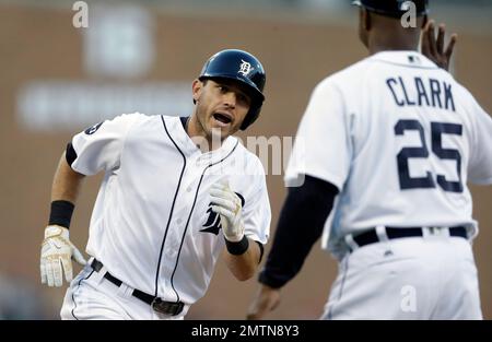 Detroit Tigers' J.D. Martinez runs to first during the eighth inning of a  baseball game against the Los Angeles Angels, Wednesday, June 7, 2017, in  Detroit. (AP Photo/Carlos Osorio Stock Photo - Alamy