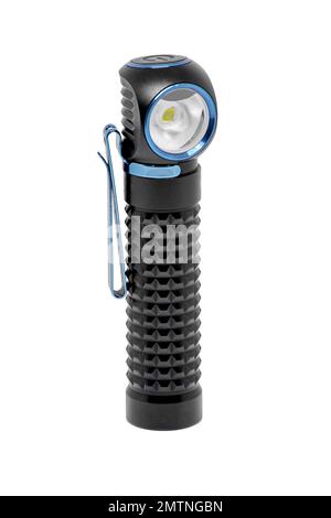 Image of a black metal pocket flashlight with a clip on a white background Stock Photo