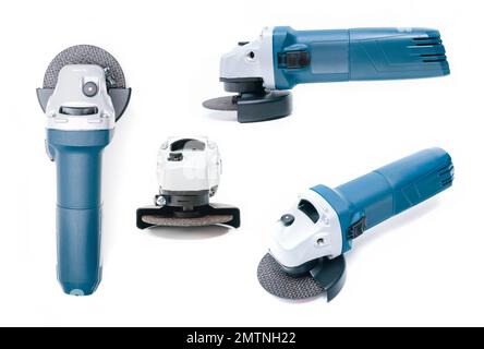 Different view of grinder construction tools DIY isolate on white background. Stock Photo