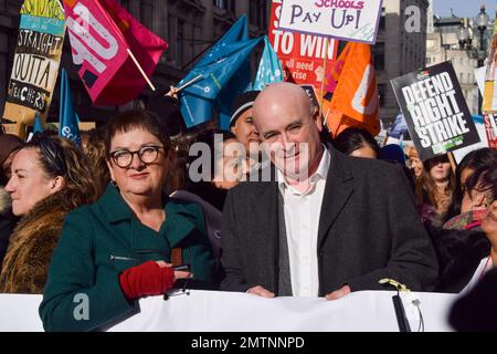 London, England, UK. 1st Feb, 2023. Dr MARY BOUSTED, joint general secretary of the National Education Union, and MICK LYNCH, general secretary of RMT, join the march in Regent Street. Thousands of teachers and supporters marched in central London as teachers across the country begin their strike over pay. The day has seen around half a million people staging walkouts around the UK, incuding teachers, university staff, public service workers and train drivers. (Credit Image: © Vuk Valcic/ZUMA Press Wire) EDITORIAL USAGE ONLY! Not for Commercial USAGE! Stock Photo