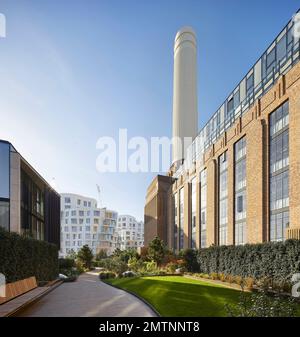 Landscaping on elevated BPS gardens with Prospect Place beyond. Prospect Place Battersea Power Station Frank Gehry, London, United Kingdom. Architect: Stock Photo