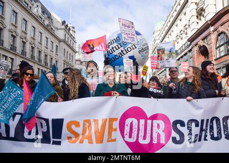 London, England, UK. 1st Feb, 2023. Dr MARY BOUSTED, joint general secretary of the National Education Union, joins the march in Regent Street. Thousands of teachers and supporters marched in central London as teachers across the country begin their strike over pay. The day has seen around half a million people staging walkouts around the UK, incuding teachers, university staff, public service workers and train drivers. (Credit Image: © Vuk Valcic/ZUMA Press Wire) EDITORIAL USAGE ONLY! Not for Commercial USAGE! Stock Photo