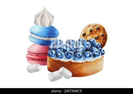 Watercolor composition with chocolate cookies, macaron, meringue, blueberry cake. Hand painting sweet juicy berries on a white isolated background Stock Photo