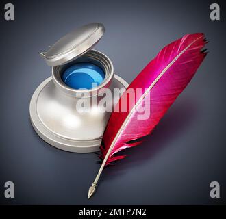 Ink bottle and quill isolated on black background. 3D illustration. Stock Photo