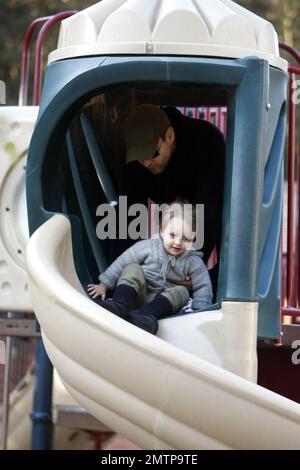 'Spiderman' actor Tobey Maguire spends Valentines Day with wife Jennifer Meyer and daughter Ruby Sweetheart at a Beverly HIlls playground.  Maguire and Meyer are expecting their second child together in the spring of 2009.  Los Angeles, CA. 2/14/09. Stock Photo