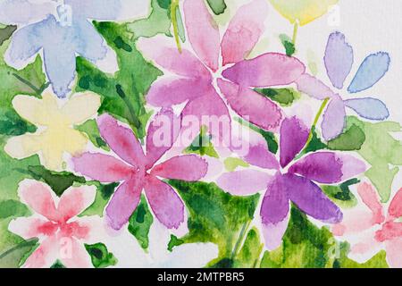 close up watercolor purple red  handmade of simple blooming flowers artwork on white background,idea for backdrop,wallpaper,card. Stock Photo