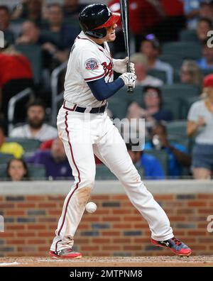 The Atlanta Braves' Freddie Freeman reacts to hitting a game-winning RBI  single in the 10th inning to beat the Minnesota Twins, 5-4, at Turner Field  in Atlanta, Georgia, Tuesday, May 21, 2013. (