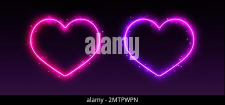 Neon heart frames with smoke and sparkles, gradient LED borders with fog and glowing particles. Stock Vector