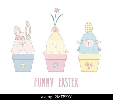 Set of cute Easter animals in flowers pot. Funny, amusing vector illustration. Stock Vector