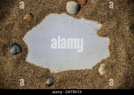 Blank white sheet of paper on white sand with seashells and stones. Message by the sea, romance, valentine's day, mother's day, father's day. Copy spa Stock Photo