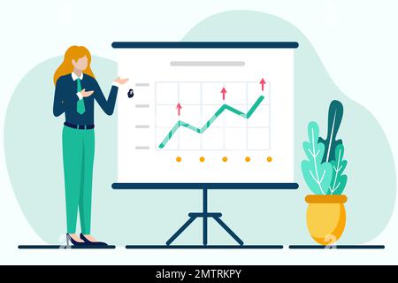 Business woman presenting graph on whiteboard. Vector illustration in flat style Stock Vector