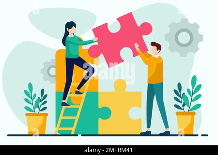 Teamwork concept vector illustration in flat style. Man and woman assembling jigsaw puzzle together. Teamwork, partnership, cooperation, business conc Stock Vector