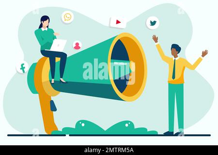 Businessman and businesswoman with megaphone. Concept business vector illustration. Stock Vector