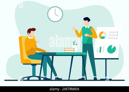 Business meeting. Vector illustration in flat design style. Man and woman sitting at the table, discussing business strategy. Stock Vector