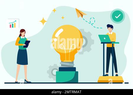 Flat design vector illustration concept of teamwork and brainstorming with light bulb and business people. Stock Vector