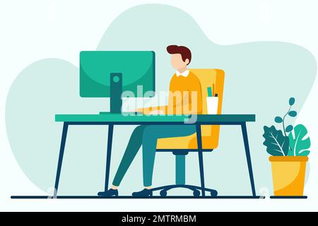Young man working on computer at home. Vector illustration in flat style Stock Vector