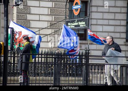 London, UK – 1 Feb. 2023: As today marks the third anniversary of Brexit, some anti-brexit protesters demonstrated outside of Parliament, asking MP’s to re-join the EU. Credit: Sinai Noor/Alamy Live News Stock Photo