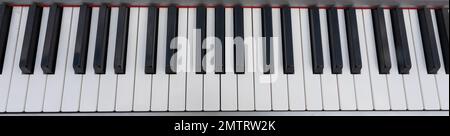 close-up of piano keys. close frontal view, black and white piano keys, viewed from above. Stock Photo