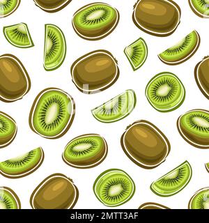 Vector Kiwi Seamless Pattern, square repeating background with cut out illustrations of ripe chopped kiwi with grains for wrapping paper, group of fla Stock Vector