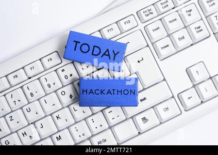Writing displaying text Hackathon. Word for event where large number of people engage in programming Stock Photo