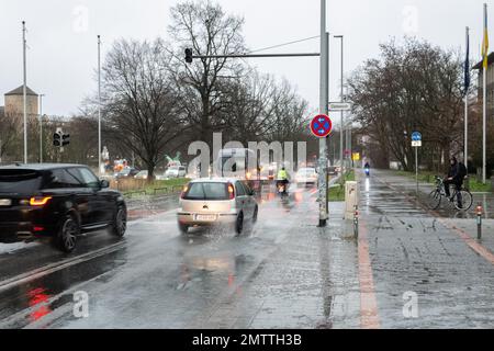 Hanover, Germany. 01st Feb, 2023. In stormy Hanover, it is raining cats and dogs. Credit: Marco Rauch/dpa/Alamy Live News Stock Photo