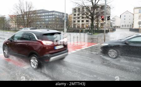 Hanover, Germany. 01st Feb, 2023. In stormy Hanover, it is raining cats and dogs. Credit: Marco Rauch/dpa/Alamy Live News Stock Photo