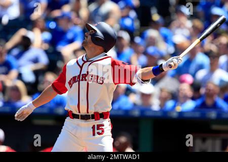 15 June 2016: Kansas City Royals left fielder Whit Merrifield (15) in a  divisional game between the Cleveland Indians and Kansas City Royals at  Kauffman Stadium in Kansas City, MO. (Photo by