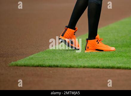 The cleats of Chicago White Sox third baseman Yoan Moncada are seen during  the second inning of a baseball game against the Baltimore Orioles,  Thursday, Aug. 25, 2022, in Baltimore. (AP Photo/Julio