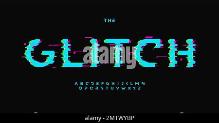 Glitch alphabet, digital distorted sans serif letters, display error font for techno logo, cinematic headline, loss connect graphic effect typography Stock Vector