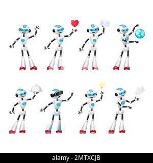 Set of cute cartoon robot in various poses  Stock Vector