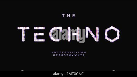 Glitch techno alphabet, digital distorted letters, display error font for futuristic logo, cinematic style headline, loss connect graphic effect Stock Vector