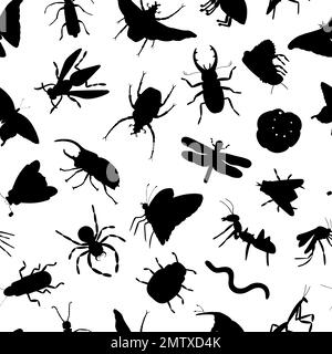 Vector seamless pattern of black insect silhouettes isolated on white background. Insect themed repeat backdrop. Cute monochrome ornament. Stock Vector